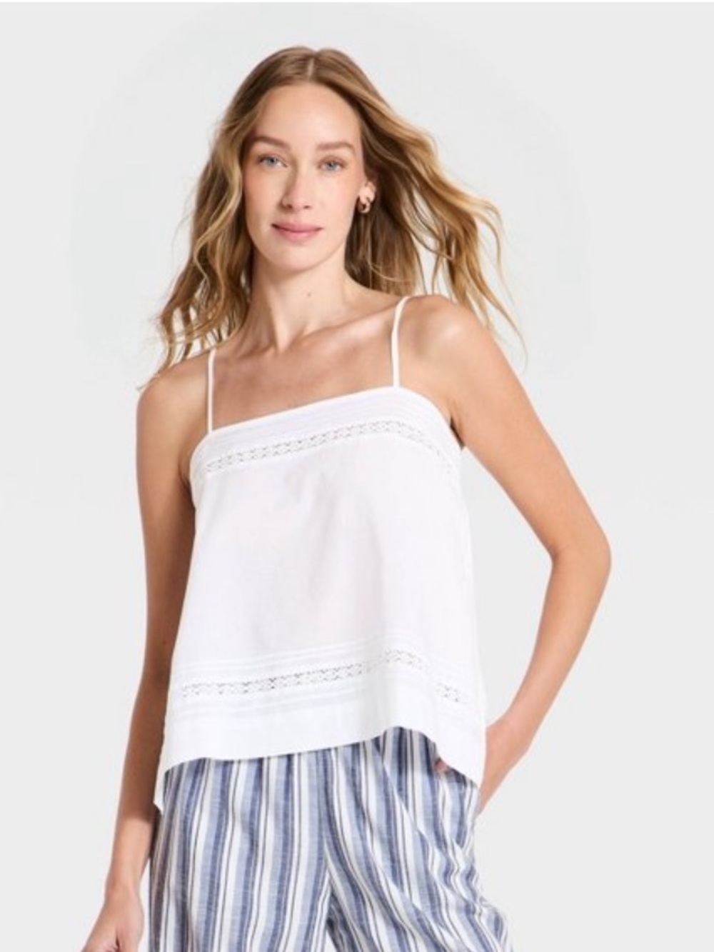 White Lace-Trim Square Neck Top.  White. S